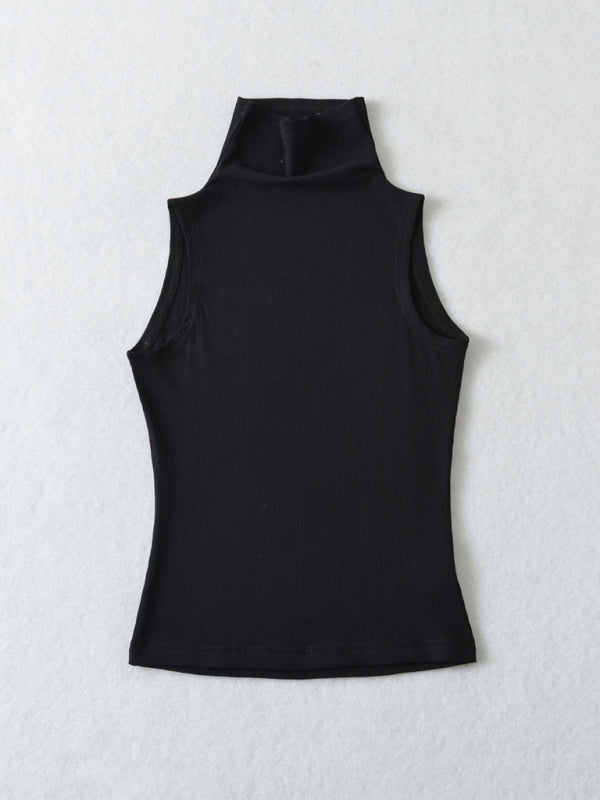 Tank Tops-Stand Collar Tank Top | Rib-Knit High Neck Sleeveless Top-Pekosa Women Clothing