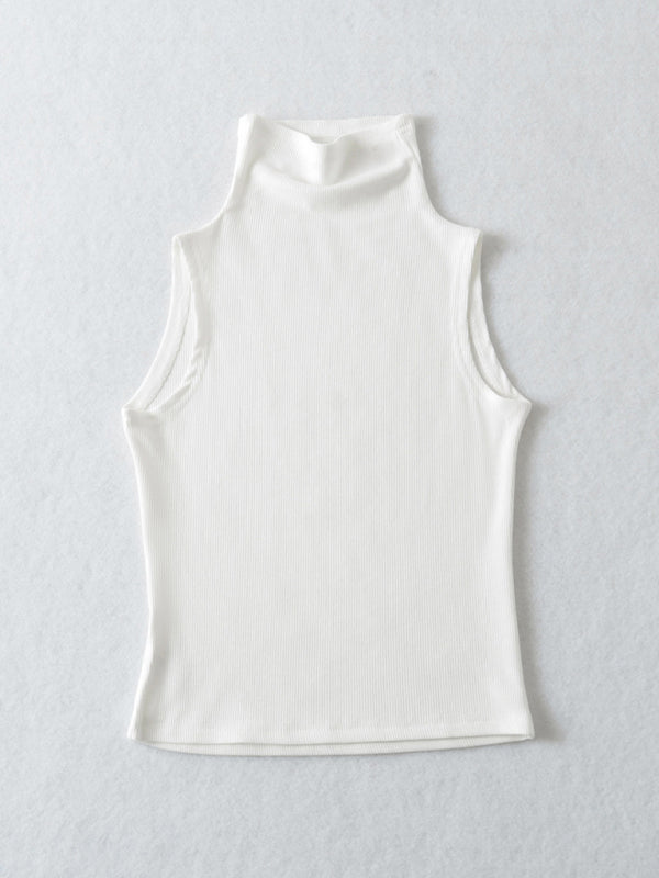 Tank Tops-Stand Collar Tank Top | Rib-Knit High Neck Sleeveless Top-Pekosa Women Clothing