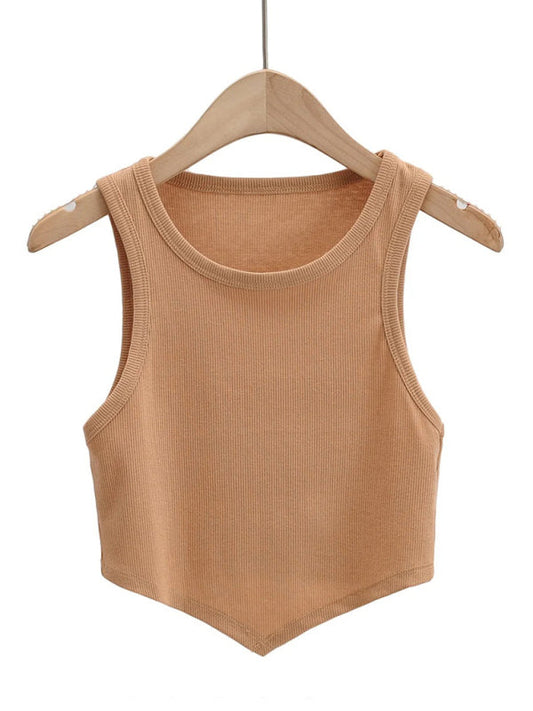 Tank Tops- Summer Must-Have: Casual Crop Tank Top in Cotton Blend- Khaki- IndioGear Clothing and Gear