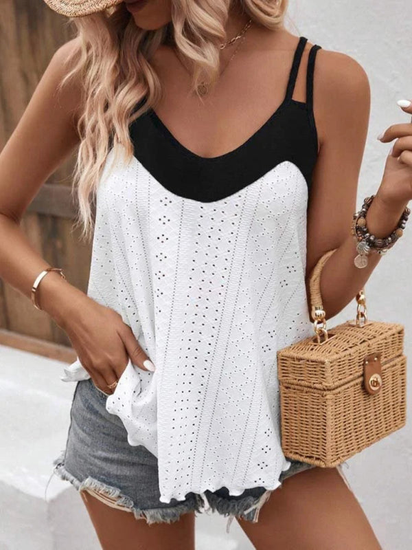 Tank Tops- Trendy Eyelet Tank Top - Strappy Back, Thin Straps & Double Trim Cami- - Pekosa Women Clothing