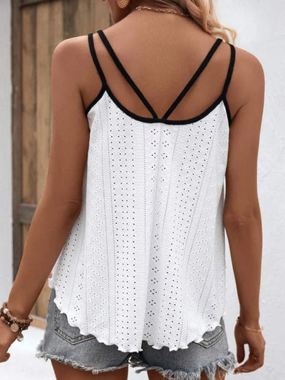 Tank Tops- Trendy Eyelet Tank Top - Strappy Back, Thin Straps & Double Trim Cami- - Pekosa Women Clothing