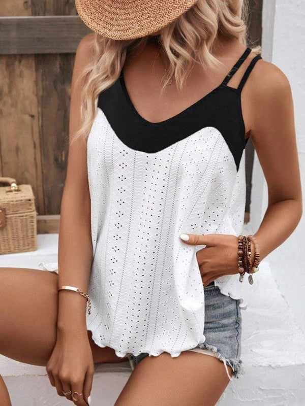 Tank Tops- Trendy Eyelet Tank Top - Strappy Back, Thin Straps & Double Trim Cami- - Pekosa Women Clothing