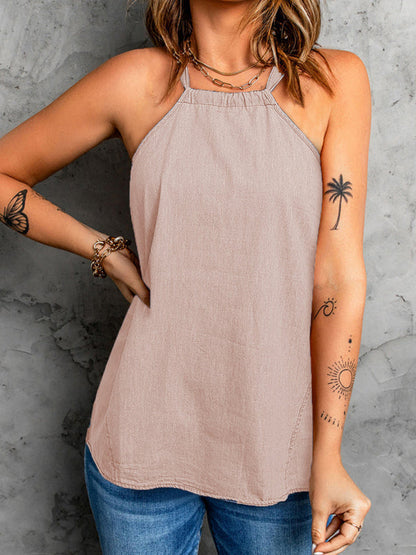 Tank tops- Women's Denim Halter Tank Top- Pink- IndioGear Fashion and Gear