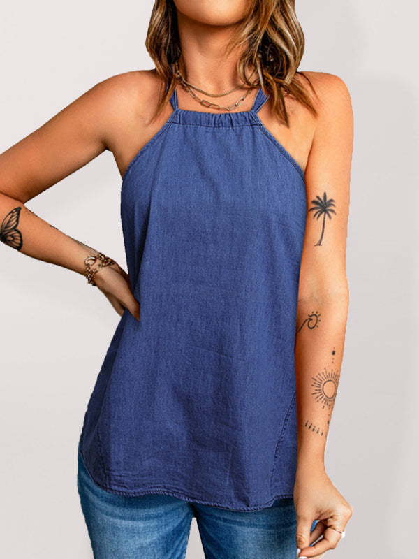 Tank tops- Women's Denim Halter Tank Top- Purplish blue navy- IndioGear Fashion and Gear