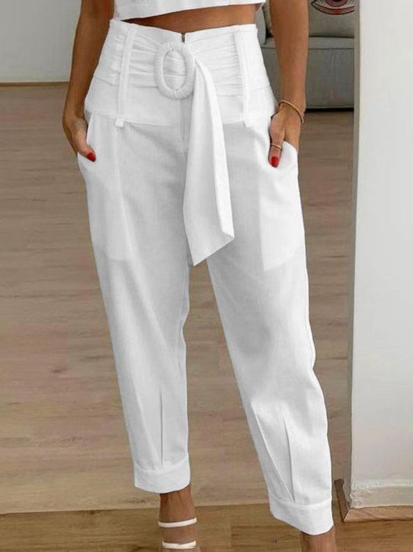 Tapered Trousers- Cottons Linen Tapered Trousers - Cropped Pants with Pockets, Belt Tie- White- Pekosa Women Clothing