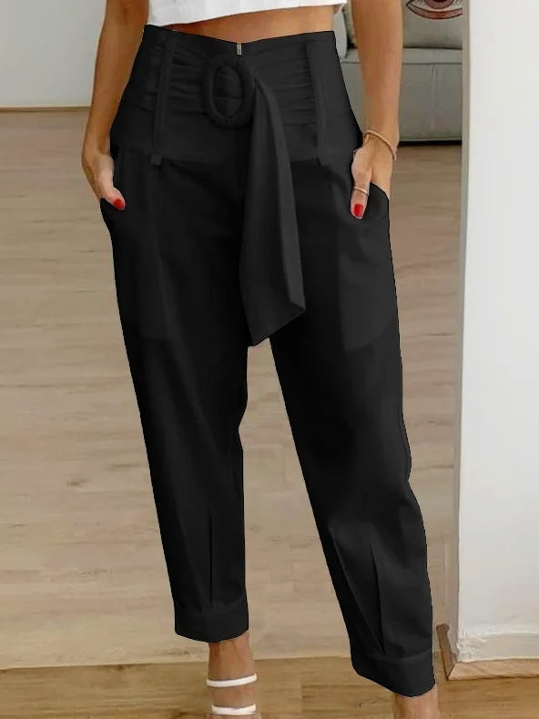 Tapered Trousers- Cottons Linen Tapered Trousers - Cropped Pants with Pockets, Belt Tie- Black- Pekosa Women Clothing