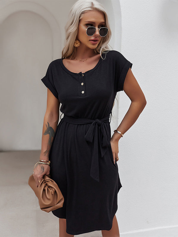 Tee Dresses- Belted Solid Tee Dress with Short Sleeves for Everyday Wear- Chuzko Women Clothing