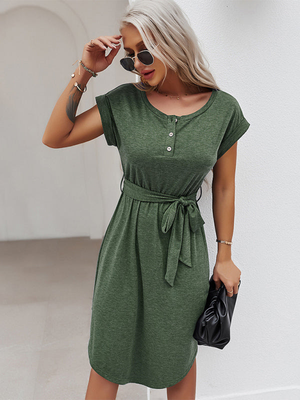 Tee Dresses- Belted Solid Tee Dress with Short Sleeves for Everyday Wear- Chuzko Women Clothing