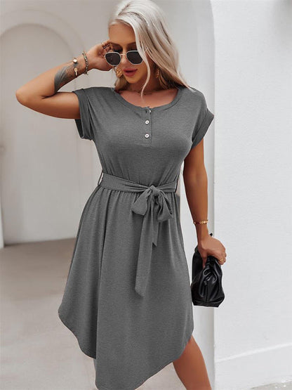 Tee Dresses- Belted Solid Tee Dress with Short Sleeves for Everyday Wear- Chuzko Women Clothing