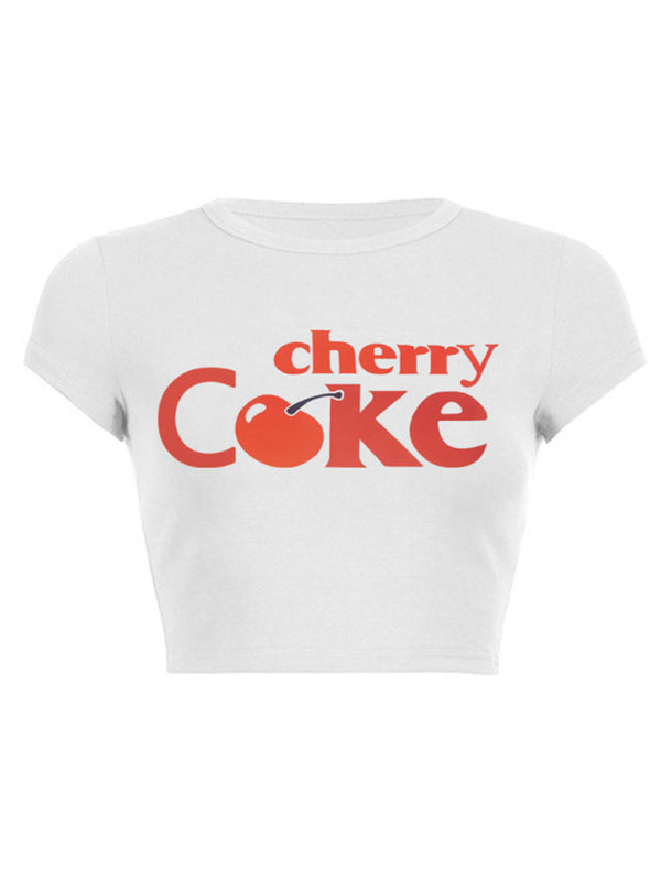 Tees- Cherry C🍒ke Print Crop Tee for Women- White- IndioGear Fashion and Gear