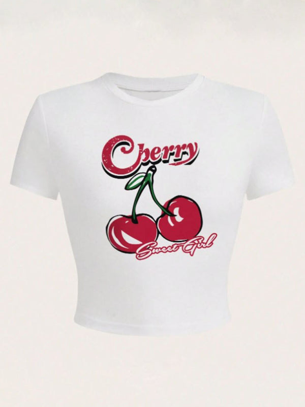 Tees- Cherry Letter Print Crop Tee for Women- Pattern3- IndioGear Fashion and Gear