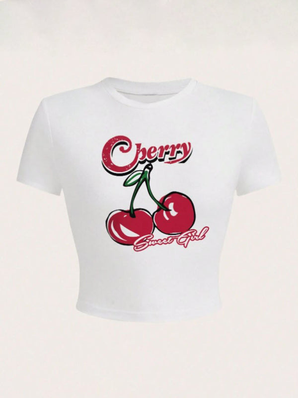 Tees- Cherry Letter Print Crop Tee for Women- - IndioGear Fashion and Gear