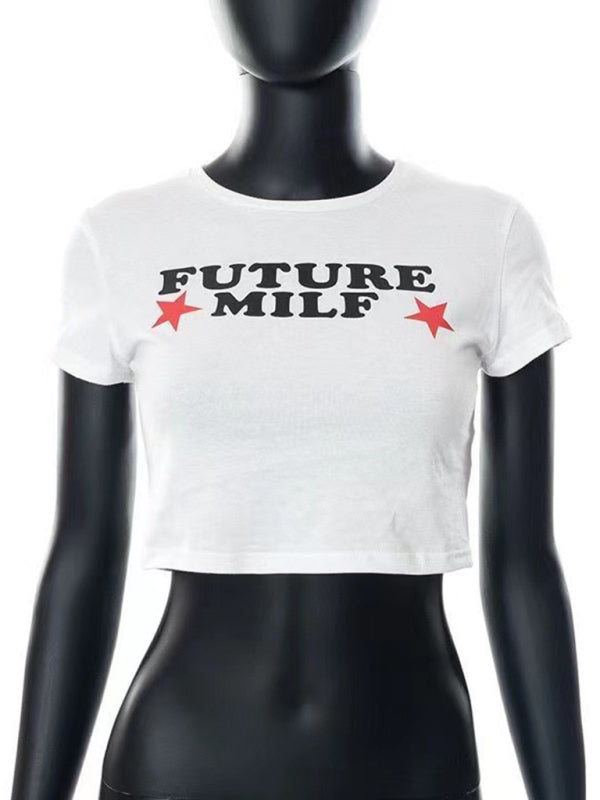 Tees- Cherry Letter Print Crop Tee for Women- - IndioGear Fashion and Gear