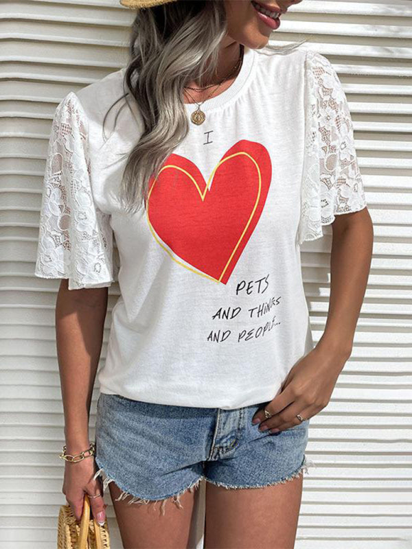 Tees-Lace Accent Love Print Tee - Crew Neck T-Shirt for Summer-Pekosa Women Clothing