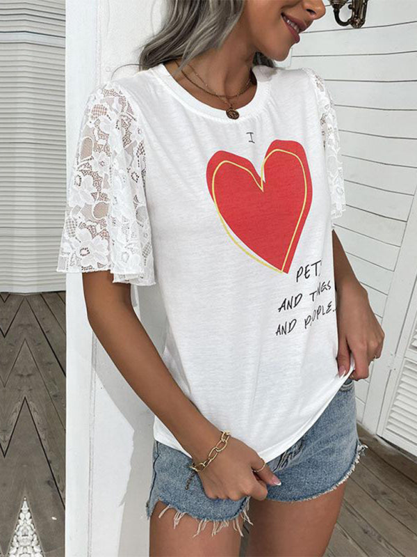 Tees-Lace Accent Love Print Tee - Crew Neck T-Shirt for Summer-Pekosa Women Clothing