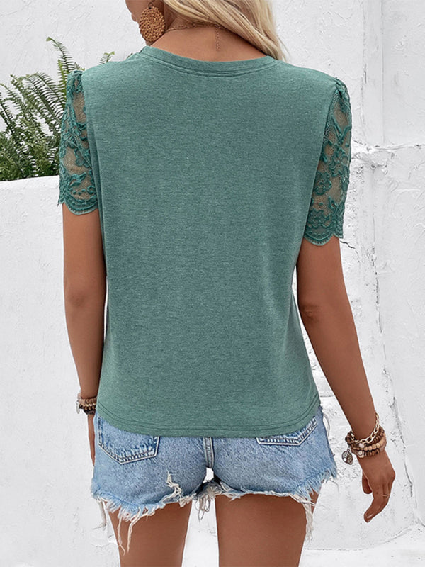 Tees- Lace Patched Short Sleeve Top - Knotted T-shirt- - IndioGear Fashion and Gear