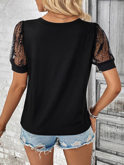 Tees- Lace Patched Short Sleeves V-Neck Blouse Tee- - IndioGear Fashion and Gear