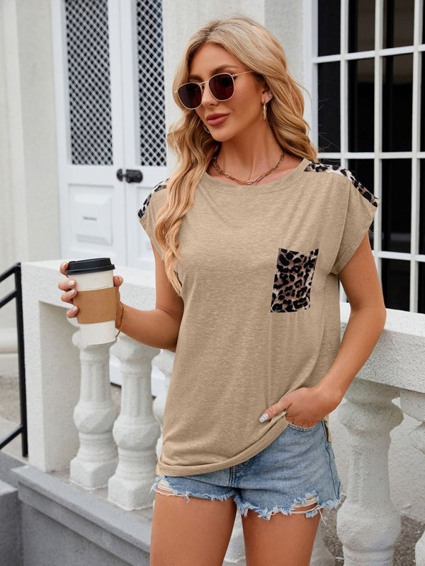 Tees- Leopard Trim Short-Sleeved T-Shirt | Cotton Blend Tee- Chuzko Women Clothing