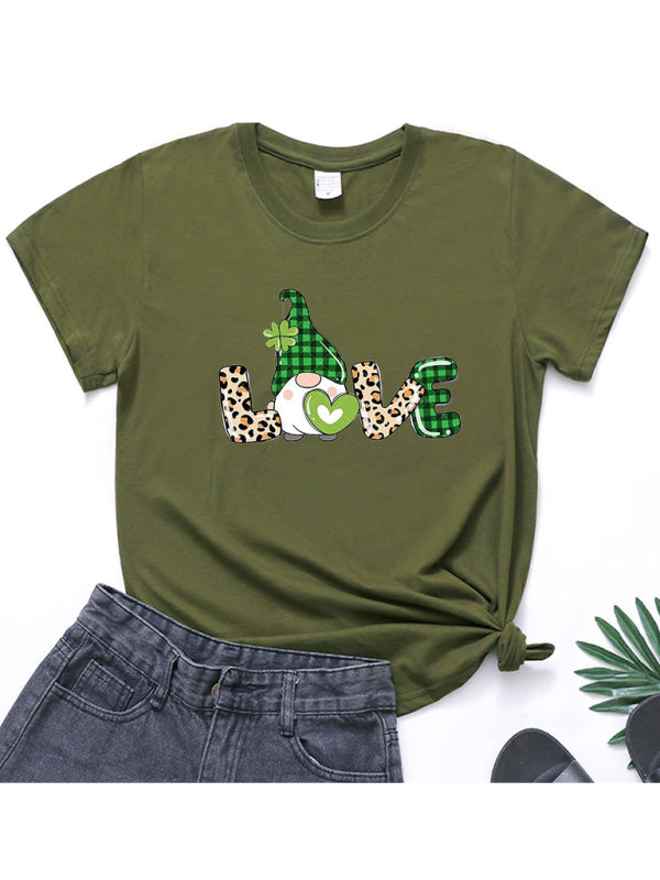 Tees- Lucky: St. Patrick's Day Crew Neck Tee in Cotton with Leprechaun Print- Olive green- IndioGear Fashion and Gear