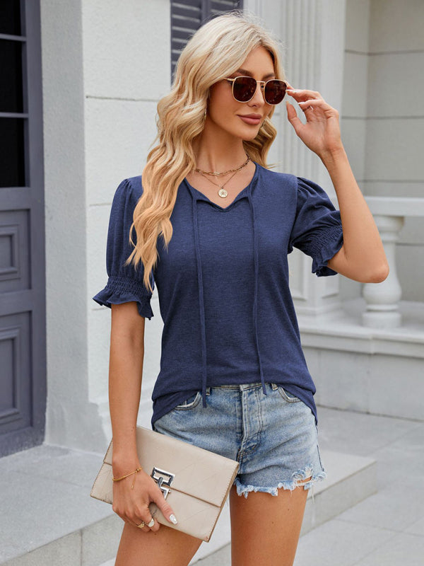 Tees- Short Puff Sleeves Blouse | Solid V-Neck Tee with Drawstring Tie Front- Chuzko Women Clothing