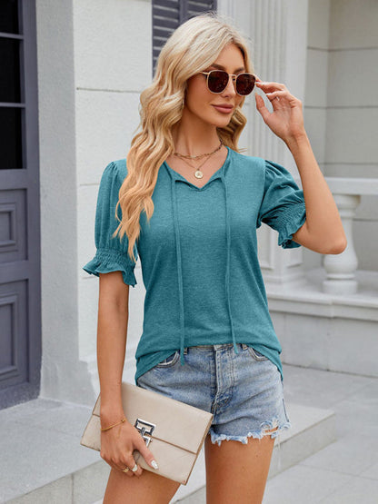 Tees- Short Puff Sleeves Blouse | Solid V-Neck Tee with Drawstring Tie Front- Chuzko Women Clothing