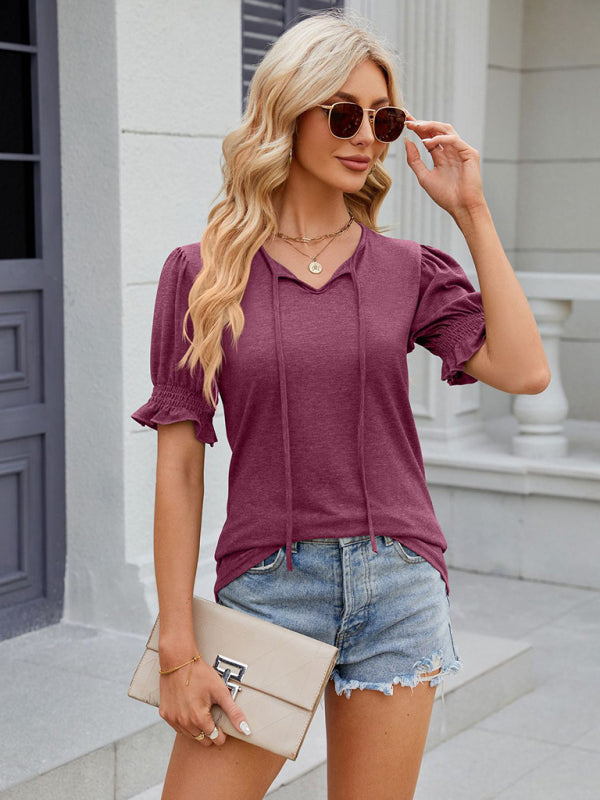 Tees- Short Puff Sleeves Blouse | Solid V-Neck Tee with Drawstring Tie Front- Chuzko Women Clothing