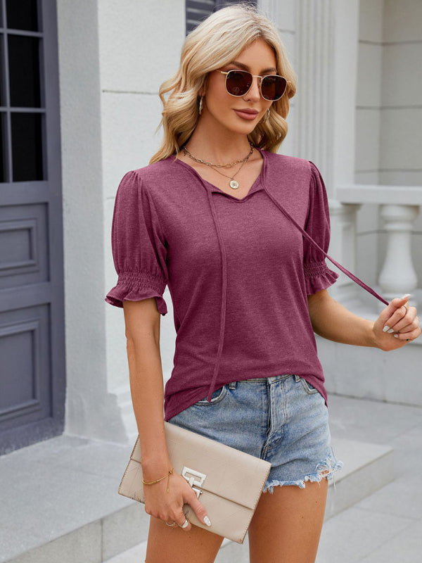 Tees- Short Puff Sleeves Blouse | Solid V-Neck Tee with Drawstring Tie Front- Chuzko Women Clothing