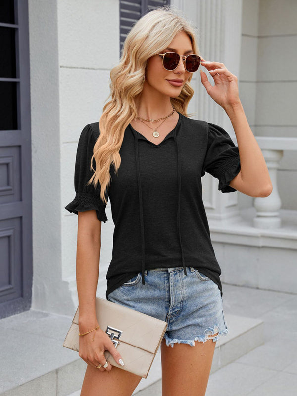 Tees- Short Puff Sleeves Blouse | Solid V-Neck Tee with Drawstring Tie Front- Chuzko Women Clothing