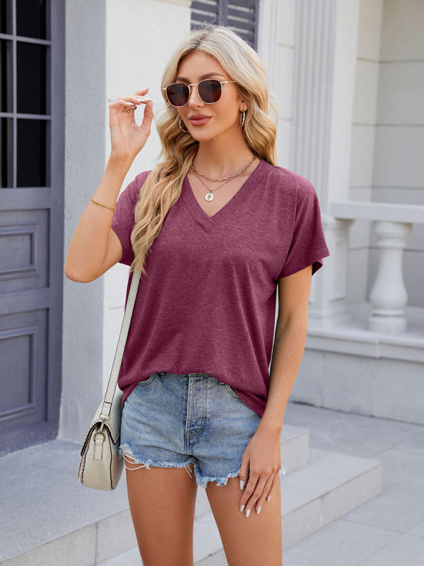 Tees- Solid V-Neck Tee | Short-Sleeve Casual T-Shirt- Chuzko Women Clothing