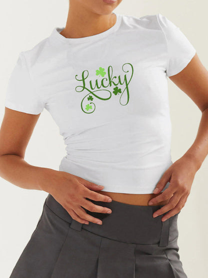 Tees- St. Patrick's Day Crop Tee for Women with Leprechaun & Lucky Clover Print- Bud green- IndioGear Fashion and Gear