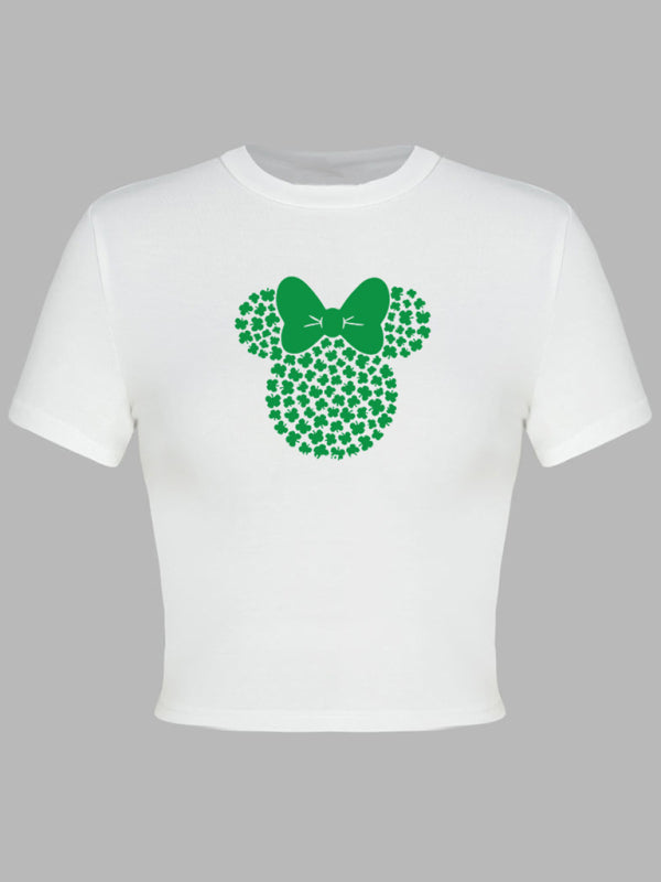 Tees- St. Patrick's Day Crop Tee for Women with Leprechaun & Lucky Clover Print- - IndioGear Fashion and Gear