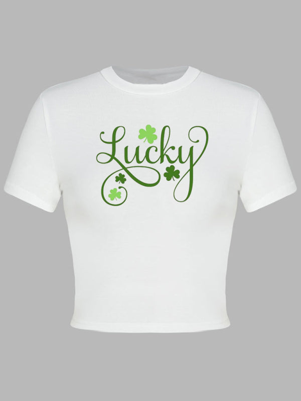 Tees- St. Patrick's Day Crop Tee for Women with Leprechaun & Lucky Clover Print- - IndioGear Fashion and Gear