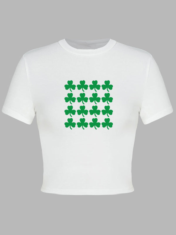 Tees- St. Patrick's Day Crop Tee for Women with Leprechaun & Lucky Clover Print- Olive green- IndioGear Fashion and Gear