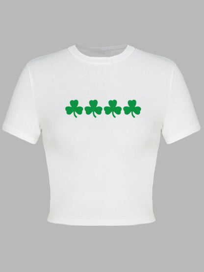 Tees- St. Patrick's Day Crop Tee for Women with Leprechaun & Lucky Clover Print- - IndioGear Fashion and Gear