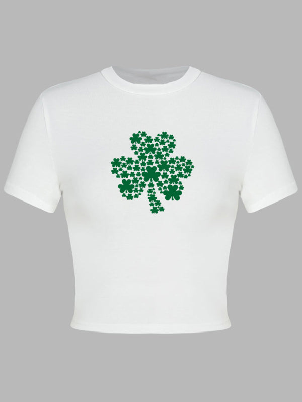 Tees- St. Patrick's Day Crop Tee for Women with Leprechaun & Lucky Clover Print- - IndioGear Fashion and Gear