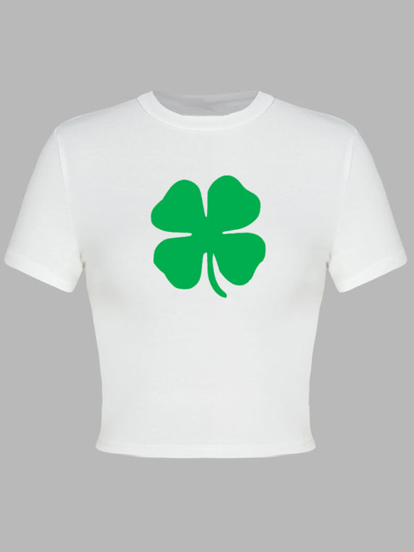 Tees- St. Patrick's Day Crop Tee for Women with Leprechaun & Lucky Clover Print- - IndioGear Fashion and Gear