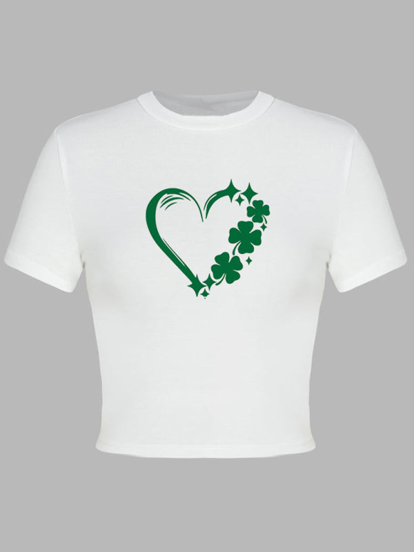 Tees- St. Patrick's Day Crop Tee for Women with Leprechaun & Lucky Clover Print- - IndioGear Fashion and Gear