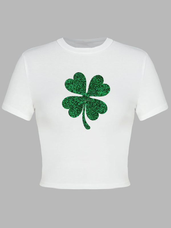 Tees- St. Patrick's Day Crop Tee for Women with Leprechaun & Lucky Clover Print- - IndioGear Fashion and Gear