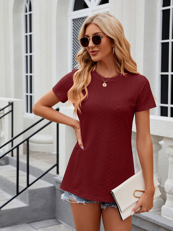 Tees- Textured Crew Neck Tee | Short-Sleeve Casual Top- Chuzko Women Clothing