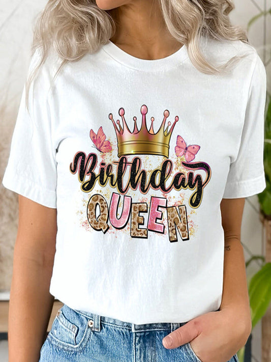 Tees- Women's Birthday Queen Print Tee - Short Sleeve T-Shirt- White- IndioGear Fashion and Gear