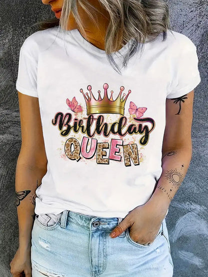 Tees- Women's Birthday Queen Print Tee - Short Sleeve T-Shirt- - IndioGear Fashion and Gear