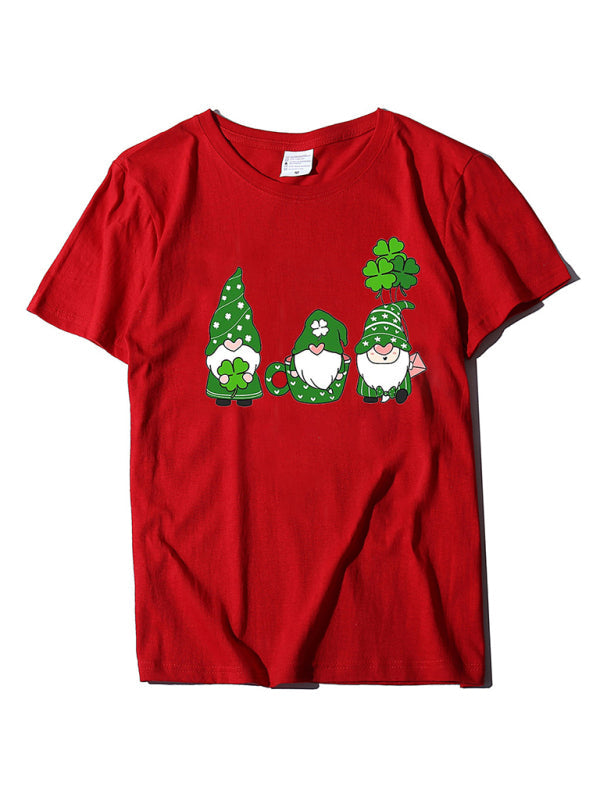 Tees- Women's Cotton Tee with Short Sleeves and St. Paddy's Leprechaun Print- Red- IndioGear Fashion and Gear