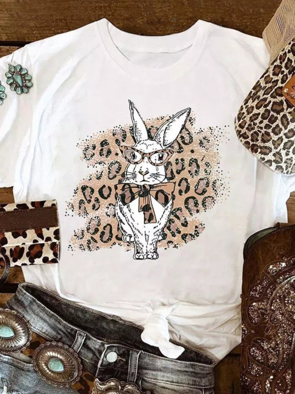 Tees- Women's Easter Bunny Leopard Print T-Shirt for Holy Week- - IndioGear Fashion and Gear