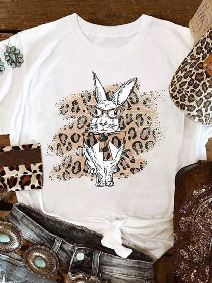 Tees- Women's Easter Bunny Leopard Print T-Shirt for Holy Week- - IndioGear Fashion and Gear