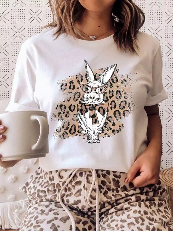 Tees- Women's Easter Bunny Leopard Print T-Shirt for Holy Week- White- IndioGear Fashion and Gear