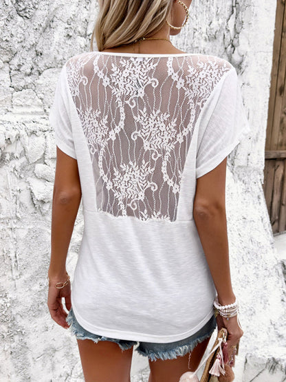 Tees- Women's Solid V-Neck Ruched Tee Blouse with Lace Back- - IndioGear Fashion and Gear