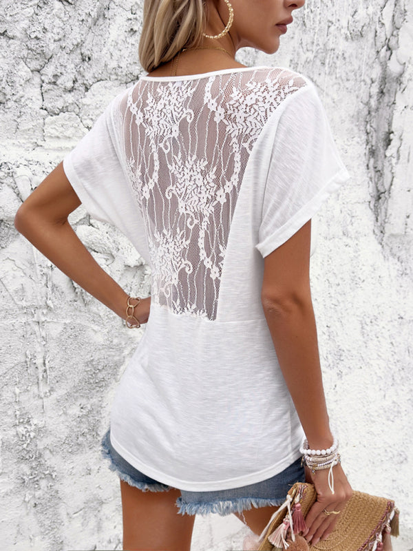 Tees- Women's Solid V-Neck Ruched Tee Blouse with Lace Back- - IndioGear Fashion and Gear