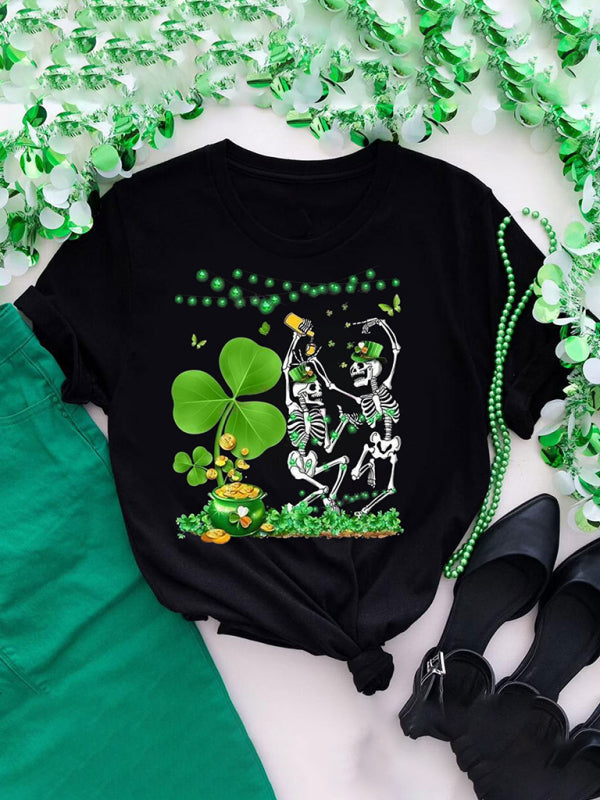 Tees- Women's St. Patrick's Day Tee with Four-leaf Clover Print- Green- IndioGear Fashion and Gear