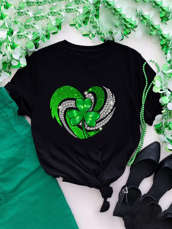 Tees- Women's St. Patrick's Day Tee with Four-leaf Clover Print- Black- IndioGear Fashion and Gear