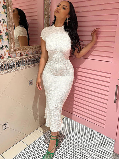 Dresses- Textured Bodycon Stand Collar Midi Dress- White- IndioGear Clothing and Gear